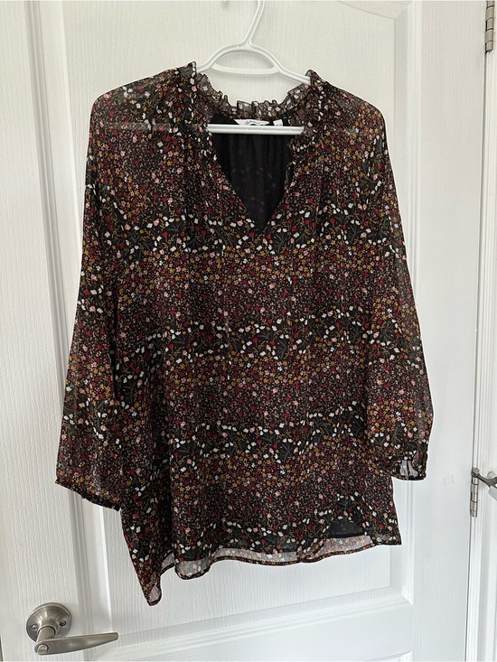 Reitmans Tops - 🔥2/$15 Reitmans Dark Floral Chiffon Peasant Blouse Ruffle Neck Sheer Boho V-Neck